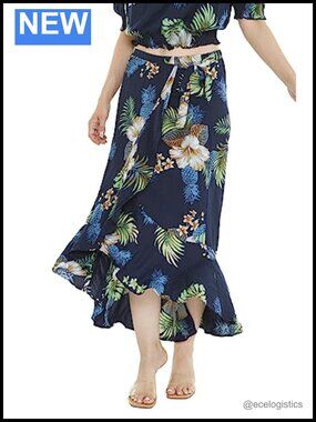Hawaiian Luau Wrap Ruffle Skirt Flowy Rayon Midi Vacation